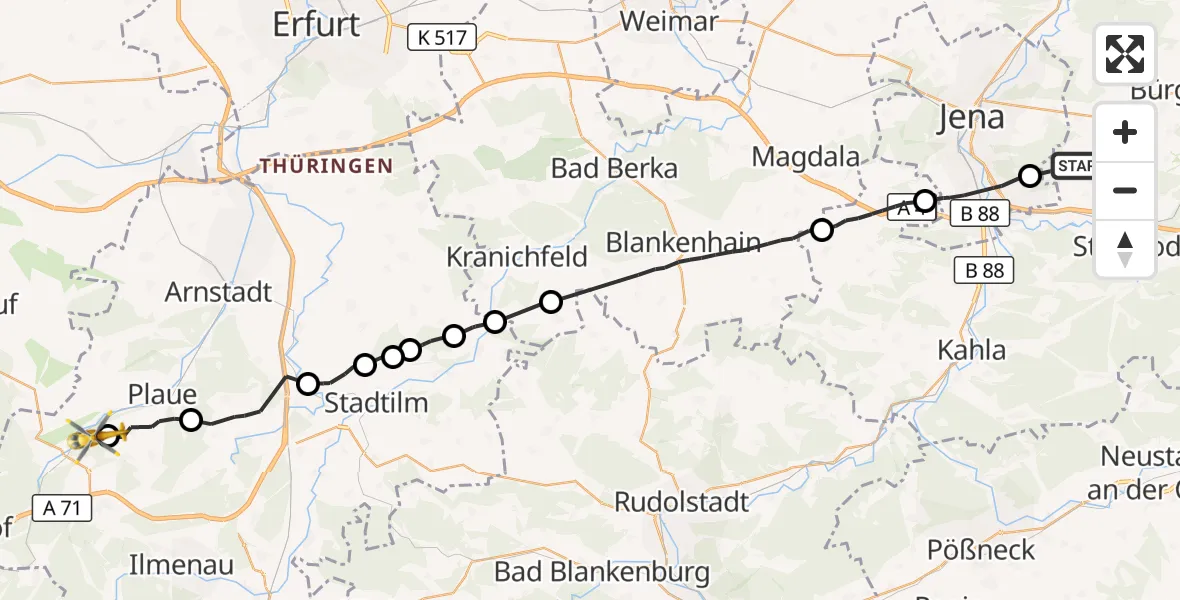 Flugroute Rettungshubschrauber Schlöben - Geratal, 19 September 2026, 16:59