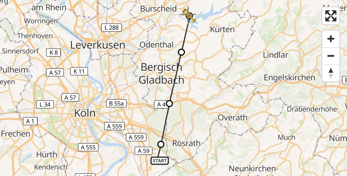Flugroute Rettungshubschrauber Köln Bonn Flughafen - Wermelskirchen, 19 September 2026, 17:02