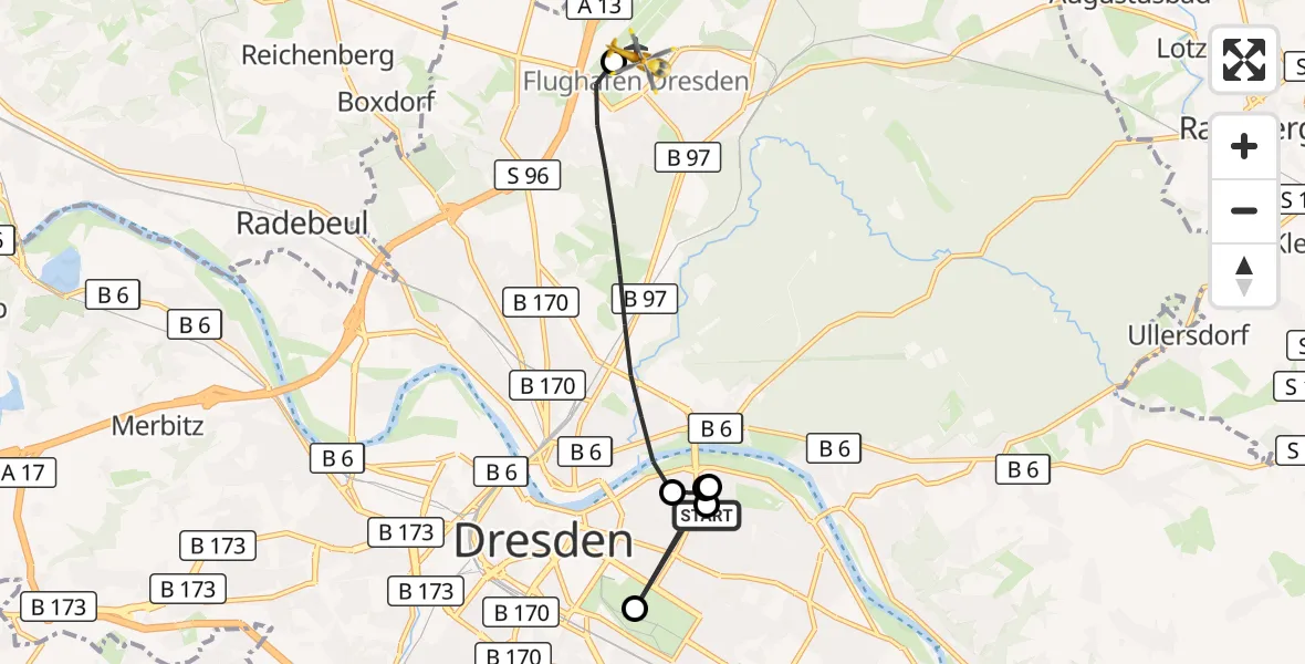 Flugroute Rettungshubschrauber Dresden University Hospital - Dresden Flughafen, 19 September 2026, 17:13