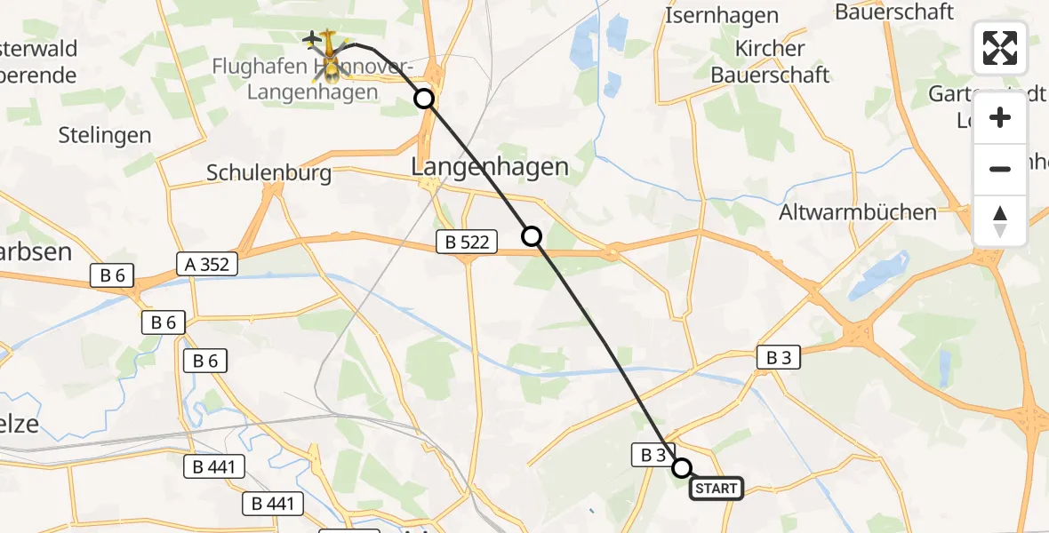 Flugroute Rettungshubschrauber Hannover Luftrettung Hubschrauberlandeplatz (Christoph 4) - Flughafen Hannover, 19 September 2026, 17:27