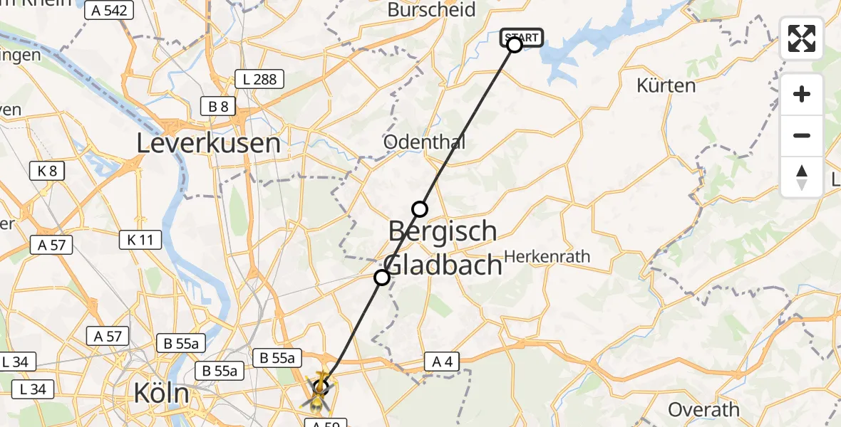 Flugroute Rettungshubschrauber Wermelskirchen - Merheim Hospital, 19 September 2026, 17:32