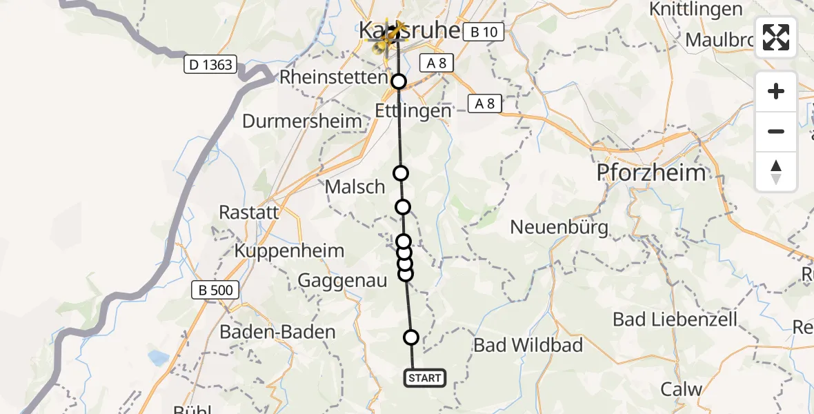 Flugroute Ambulanzhubschrauber Gernsbach - Sankt Vincentius Hospital, 19 September 2026, 17:45