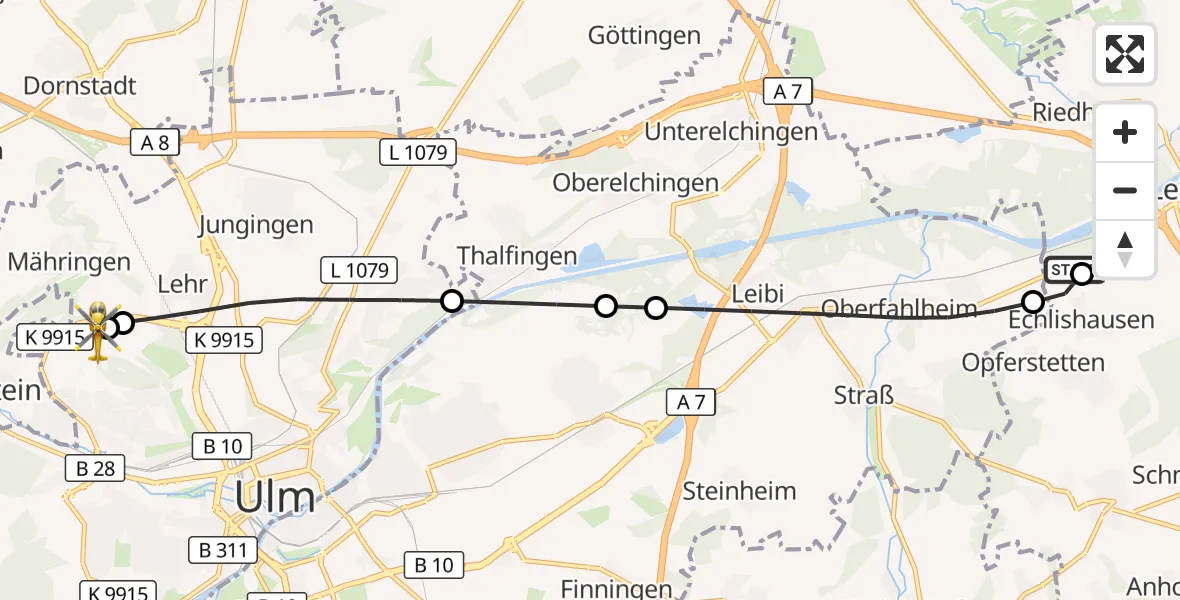Flugroute Rettungshubschrauber Leipheim - Ulm Military Hospital Emergency, 19 September 2026, 17:47
