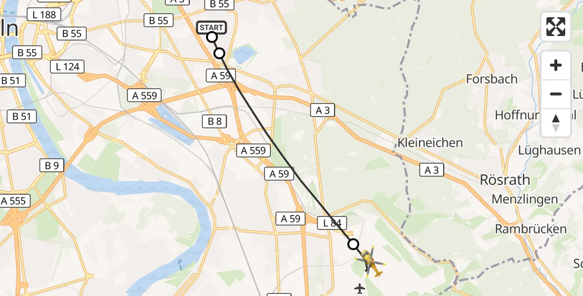Flugroute Rettungshubschrauber Merheim Hospital - Köln Bonn Flughafen, 19 September 2026, 18:07