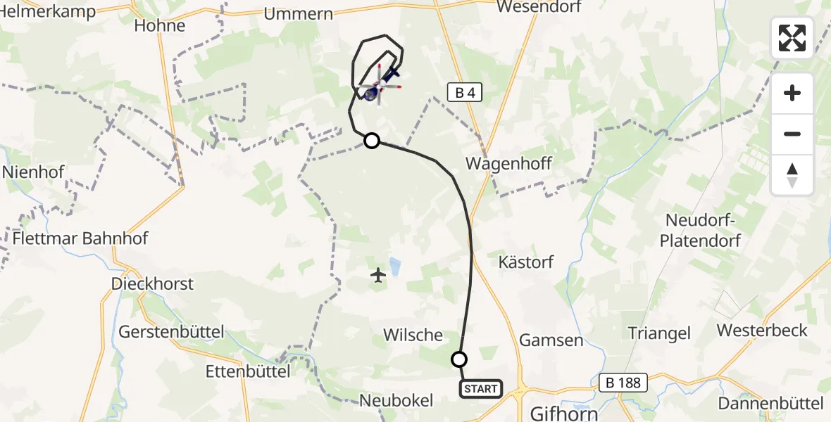 Flugroute Polizeihubschrauber Gifhorn Bundespolizei Hubschrauberlandeplatz - Ummern, 19 September 2026, 18:11