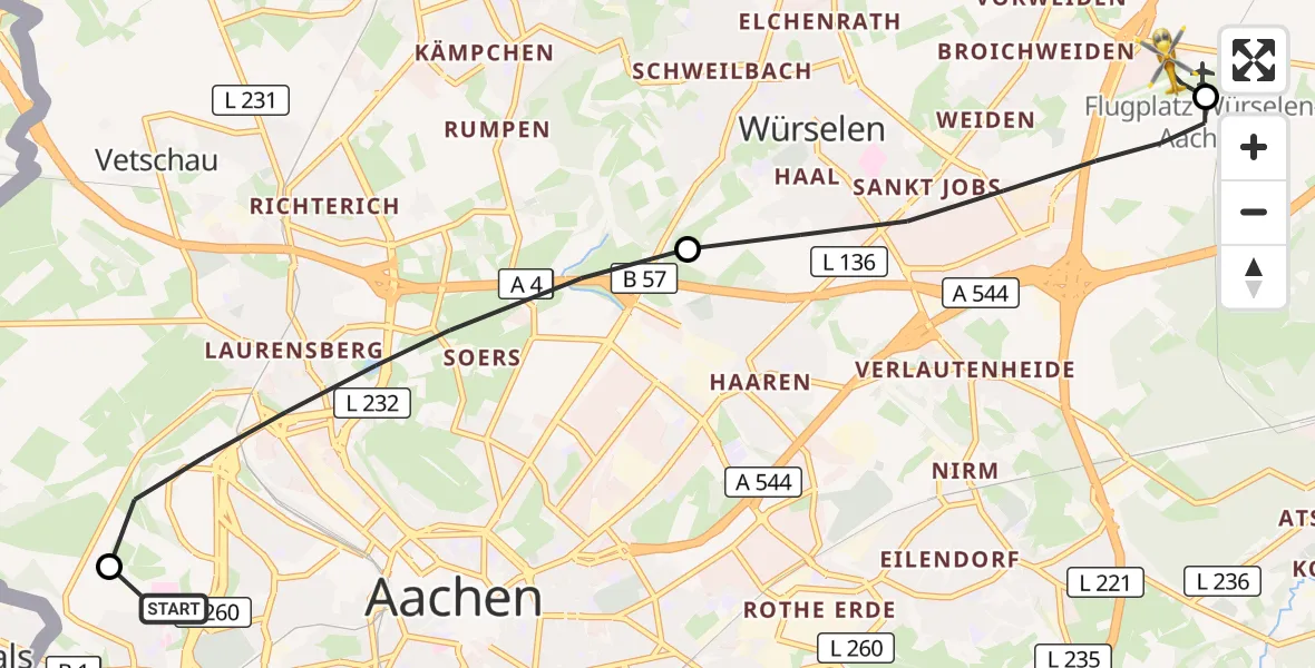 Flugroute Rettungshubschrauber Aachen Hospital - Aachen-Merzbrück Flughafen, 19 September 2026, 18:39