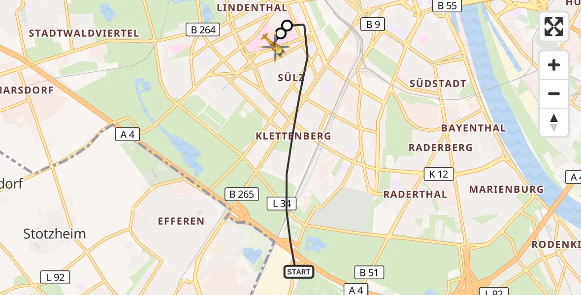 Flugroute Ambulanzhubschrauber Köln - Köln University Hospital, 19 September 2026, 18:57