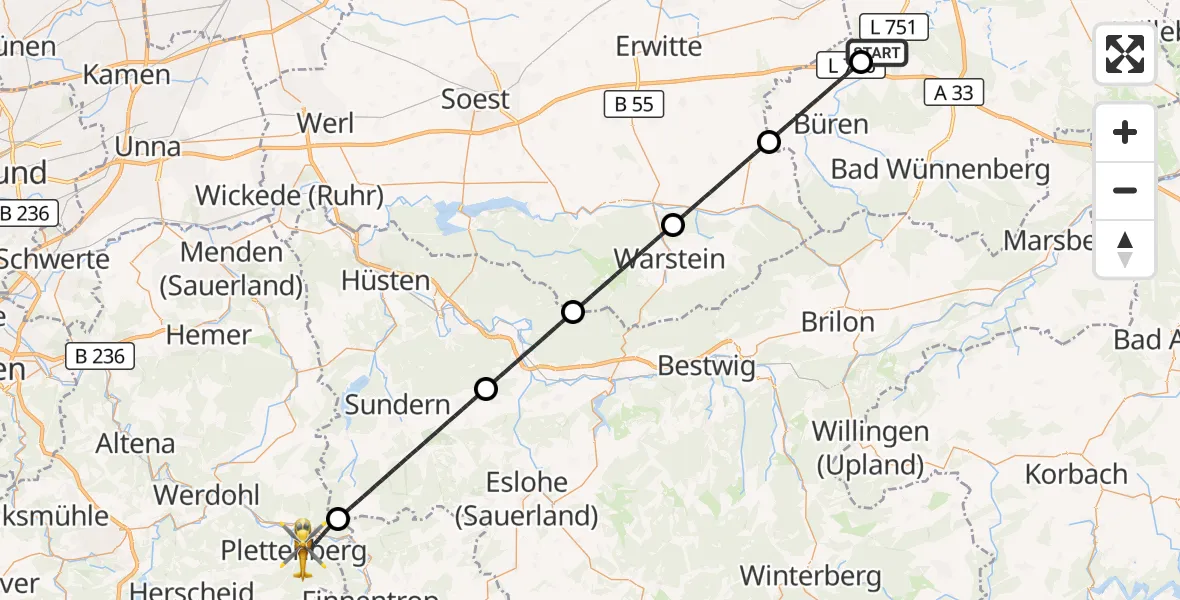 Flugroute Ambulanzhubschrauber Paderborn Lippstadt Flughafen - Plettenberg, 19 September 2026, 19:39