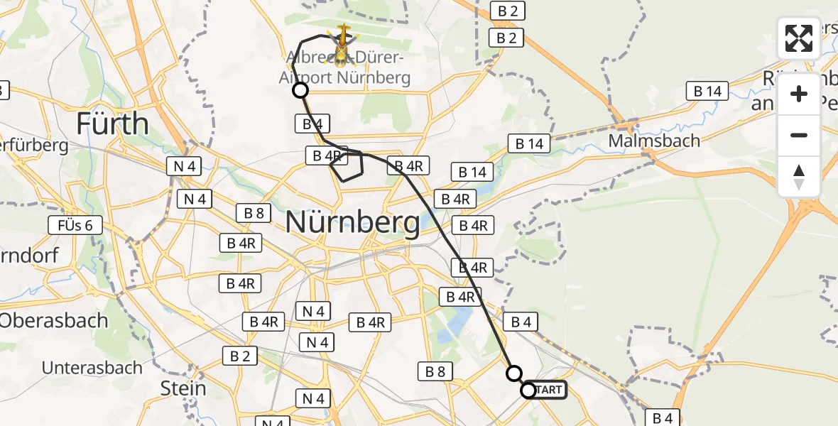 Flugroute Rettungshubschrauber Nürnberg South Hospital - Flughafen Nuremberg, 19 September 2026, 19:57