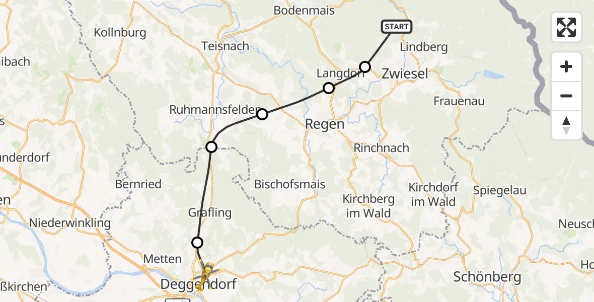 Flugroute Rettungshubschrauber Zwiesel - Deggendorf, 19 September 2026, 20:24