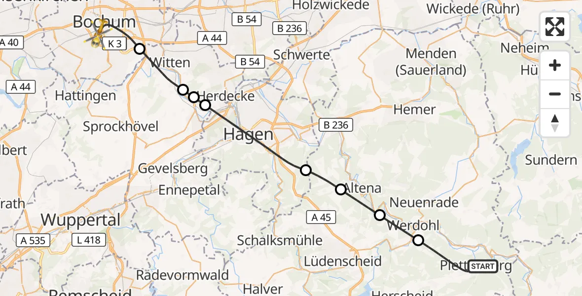 Flugroute Ambulanzhubschrauber Plettenberg - Bochum, 19 September 2026, 20:26