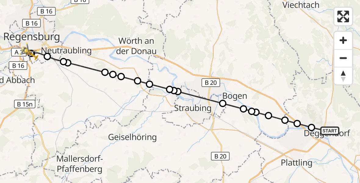 Flugroute Rettungshubschrauber Deggendorf - DRF Air Rescue Station Regensburg / Regensburg University Hospital, 19 September 2026, 21:03