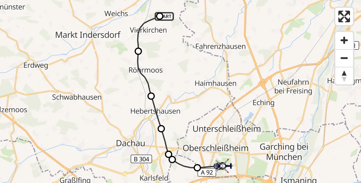 Flugroute Polizeihubschrauber Petershausen - Oberschleissheim Hubschrauberlandeplatz, 19 September 2026, 21:28