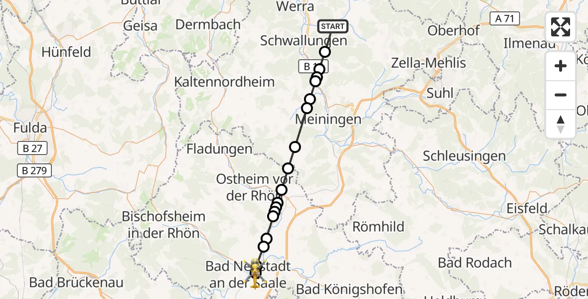 Flugroute Ambulanzhubschrauber Schmalkalden - Bad Neustadt an der Saale Hospital, 19 September 2026, 22:05
