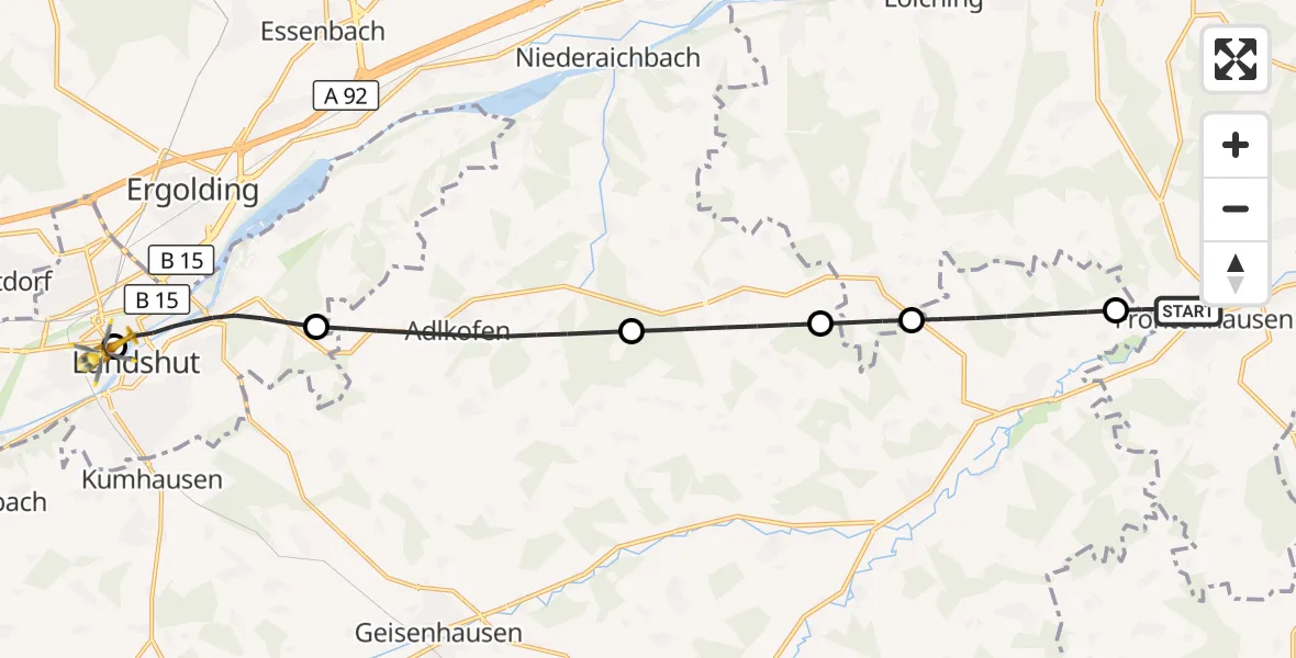 Flugroute Rettungshubschrauber Frontenhausen - Landshut Hospital Hubschrauberlandeplatz, 19 September 2026, 22:17