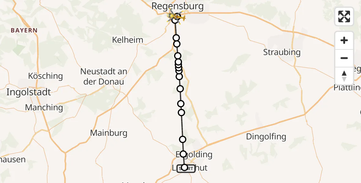 Flugroute Rettungshubschrauber Landshut Hospital - DRF Air Rescue Station Regensburg / Regensburg University Hospital, 19 September 2026, 22:49