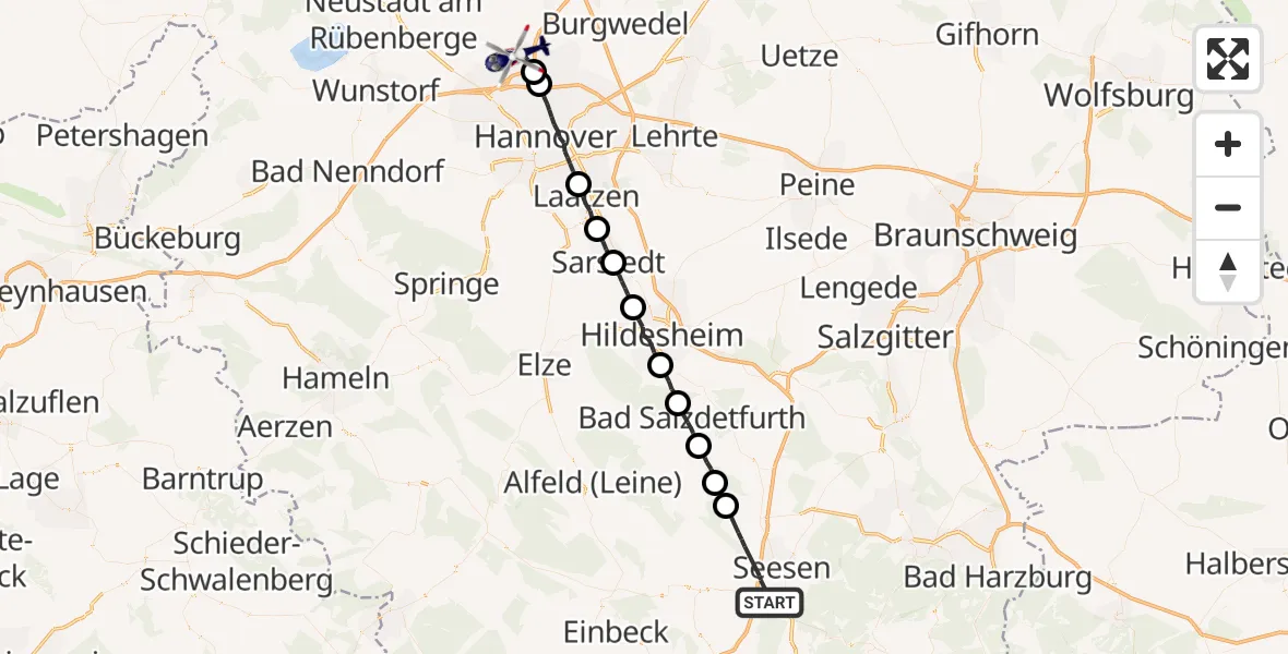 Flugroute Polizeihubschrauber Seesen - Flughafen Hannover, 19 September 2026, 23:00