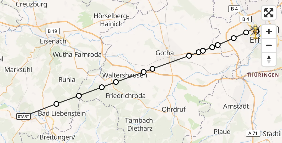 Flugroute Rettungshubschrauber Bad Salzungen - Helios Clinic Erfurt, 19 September 2026, 23:15