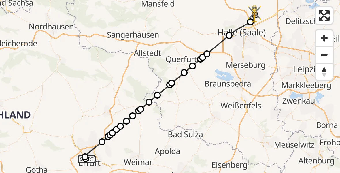 Flugroute Rettungshubschrauber Helios Clinic Erfurt - Halle-Oppin Flugplatz, 20 September 2026, 00:13