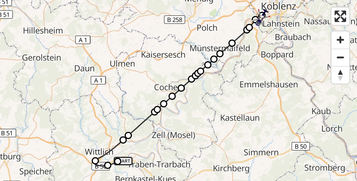 Flugroute Polizeihubschrauber Zeltingen-Rachtig - Koblenz-Winningen Flugplatz, 20 September 2026, 01:35