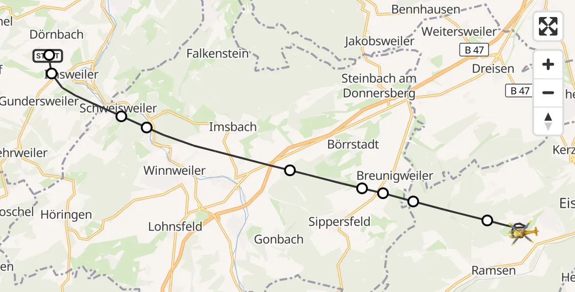 Flugroute Rettungshubschrauber Rockenhausen - Eisenberg (Pfalz), 20 September 2026, 06:28
