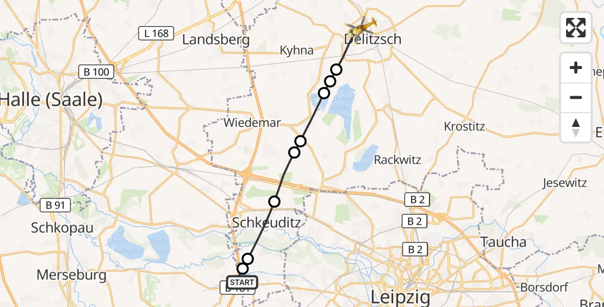 Flugroute Rettungshubschrauber ADAC Air Rescue Station Leipzig/Schkeuditz-Dölzig Hubschrauberlandeplatz (Christoph 61) - Delitzsch, 20 September 2026, 06:36
