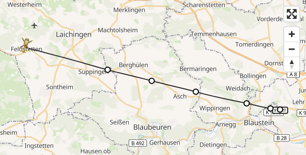 Flugroute Rettungshubschrauber Ulm Military Hospital Emergency - Laichingen, 20 September 2026, 06:54