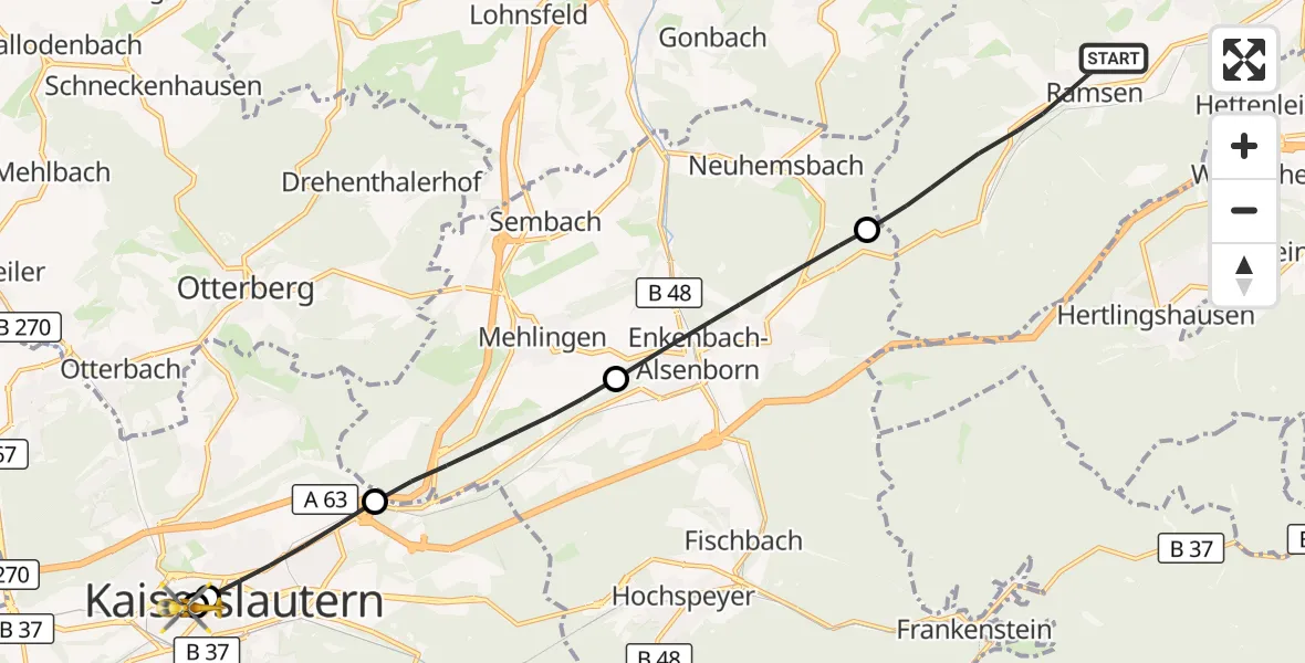 Flugroute Rettungshubschrauber Ramsen - Westpfalz Hospital Kaiserslautern, 20 September 2026, 07:07