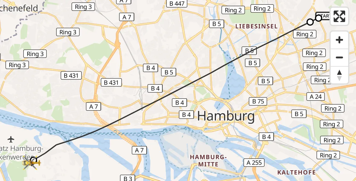 Flugroute Rettungshubschrauber Hamburg Military Hospital - Hamburg-Finkenwerder Flughafen, 20 September 2026, 07:15