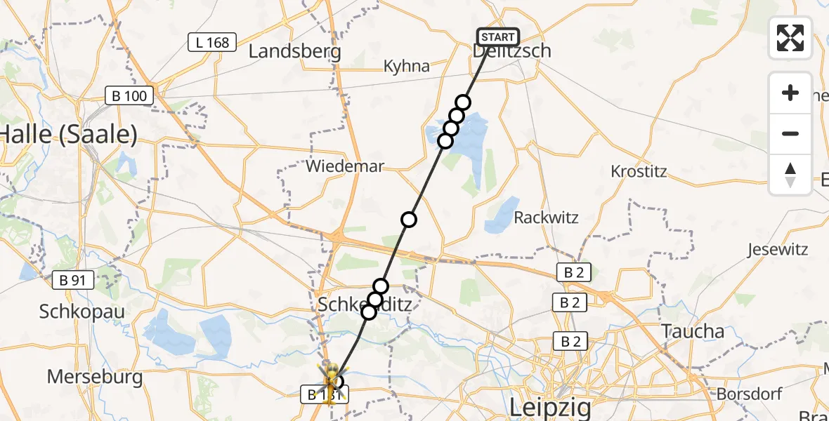 Flugroute Rettungshubschrauber Delitzsch - ADAC Air Rescue Station Leipzig/Schkeuditz-Dölzig Hubschrauberlandeplatz (Christoph 61), 20 September 2026, 07:24