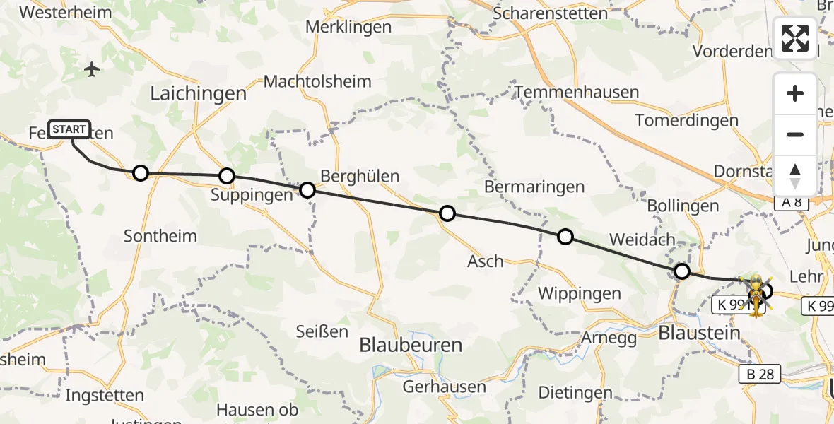 Flugroute Rettungshubschrauber Laichingen - ADAC Air Rescue Station Ulm (Christoph 22), 20 September 2026, 07:35