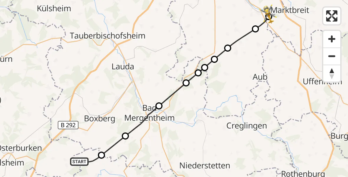 Flugroute Rettungshubschrauber Krautheim - Ochsenfurt Hospital, 20 September 2026, 07:39