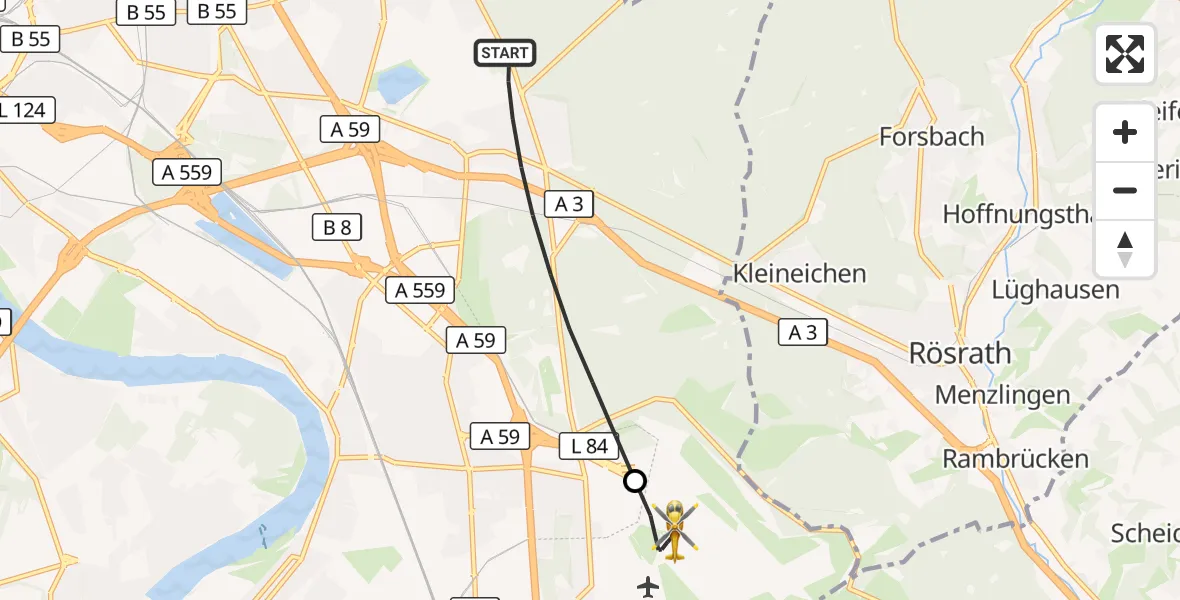 Flugroute Ambulanzhubschrauber Köln - Köln Bonn Flughafen, 20 September 2026, 07:55