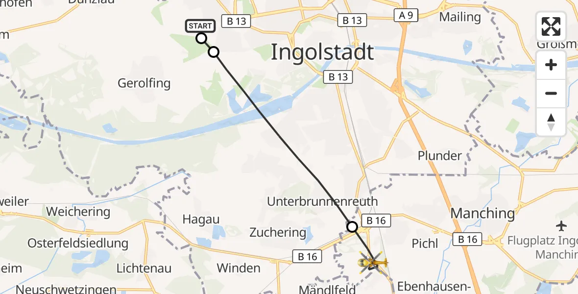 Flugroute Rettungshubschrauber Ingolstadt Hospital - Manching, 20 September 2026, 07:55