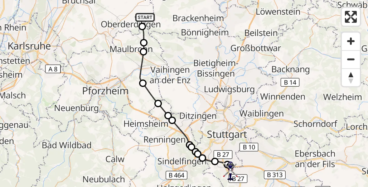 Flugroute Polizeihubschrauber Kürnbach - Flughafen Stuttgart, 20 September 2026, 08:01