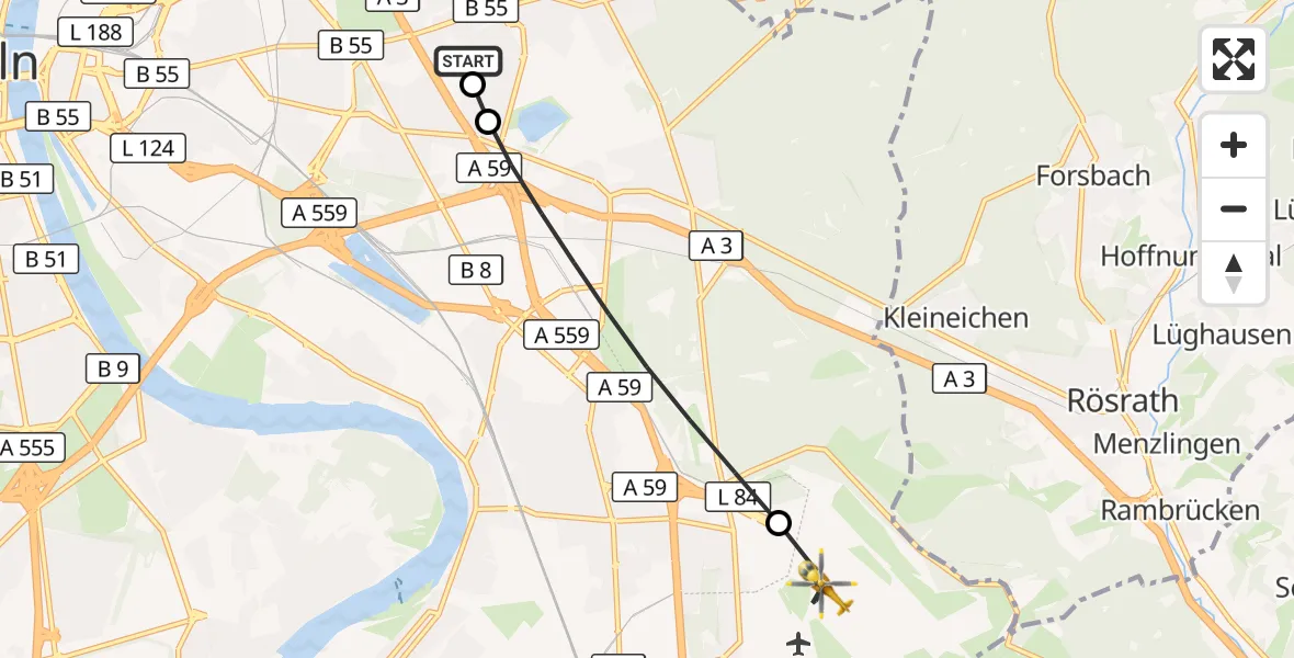 Flugroute Rettungshubschrauber Merheim Hospital - Köln Bonn Flughafen, 20 September 2026, 08:07