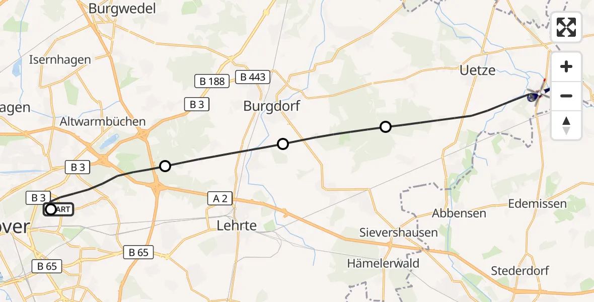 Flugroute Polizeihubschrauber Hannover Luftrettung Hubschrauberlandeplatz (Christoph 4) - Uetze, 20 September 2026, 08:24