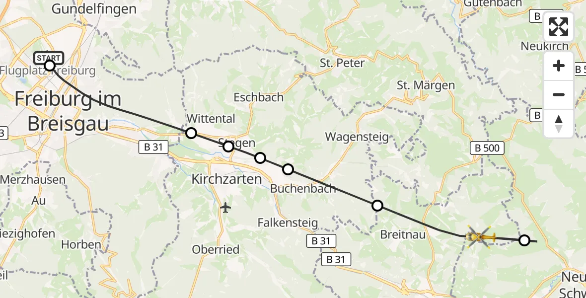 Flugroute Ambulanzhubschrauber Freiburg im Breisgau Flugplatz - Breitnau, 20 September 2026, 08:25