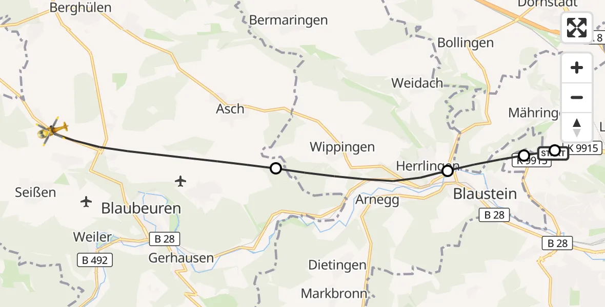Flugroute Rettungshubschrauber Ulm Military Hospital Emergency - Blaubeuren, 20 September 2026, 08:31