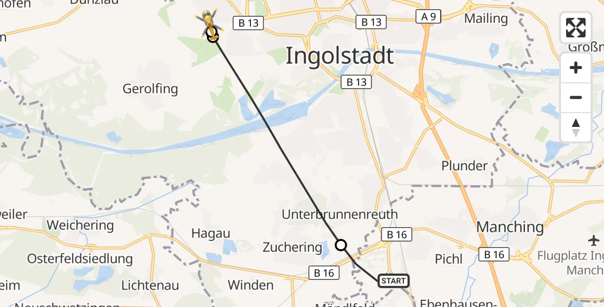 Flugroute Rettungshubschrauber Manching - Ingolstadt Hospital, 20 September 2026, 08:44