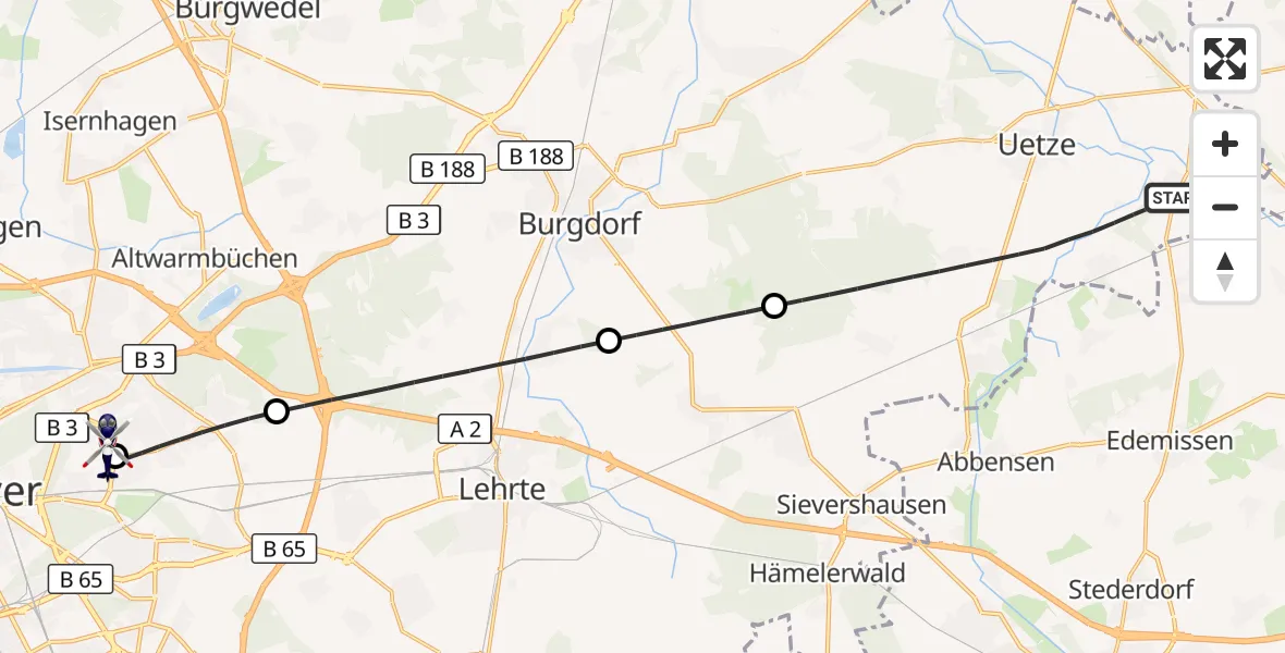 Flugroute Polizeihubschrauber Uetze - Hannover Luftrettung Hubschrauberlandeplatz (Christoph 4), 20 September 2026, 09:01