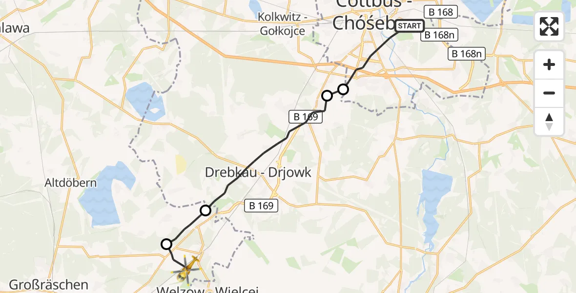 Flugroute Rettungshubschrauber Cottbus - Neupetershain, 20 September 2026, 09:02