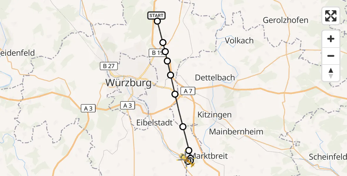 Flugroute Rettungshubschrauber Hausen b.Würzburg - Ochsenfurt Hospital, 20 September 2026, 09:04