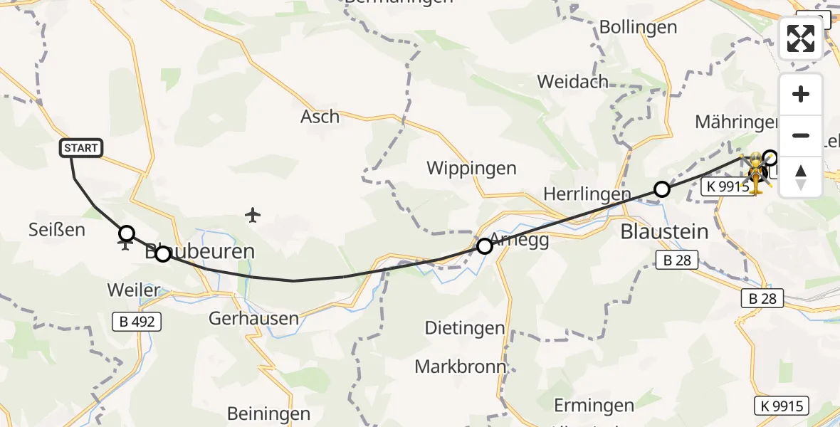 Flugroute Rettungshubschrauber Blaubeuren - ADAC Air Rescue Station Ulm (Christoph 22), 20 September 2026, 09:05