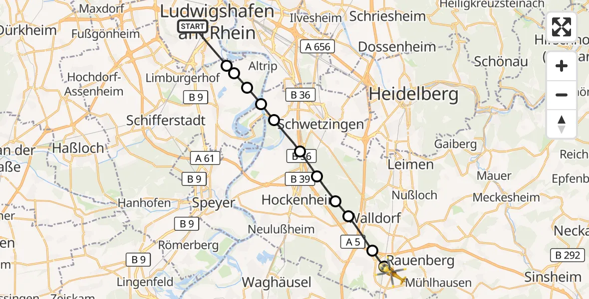 Flugroute Rettungshubschrauber Ludwigshafen am Rhein - Rauenberg, 20 September 2026, 09:33