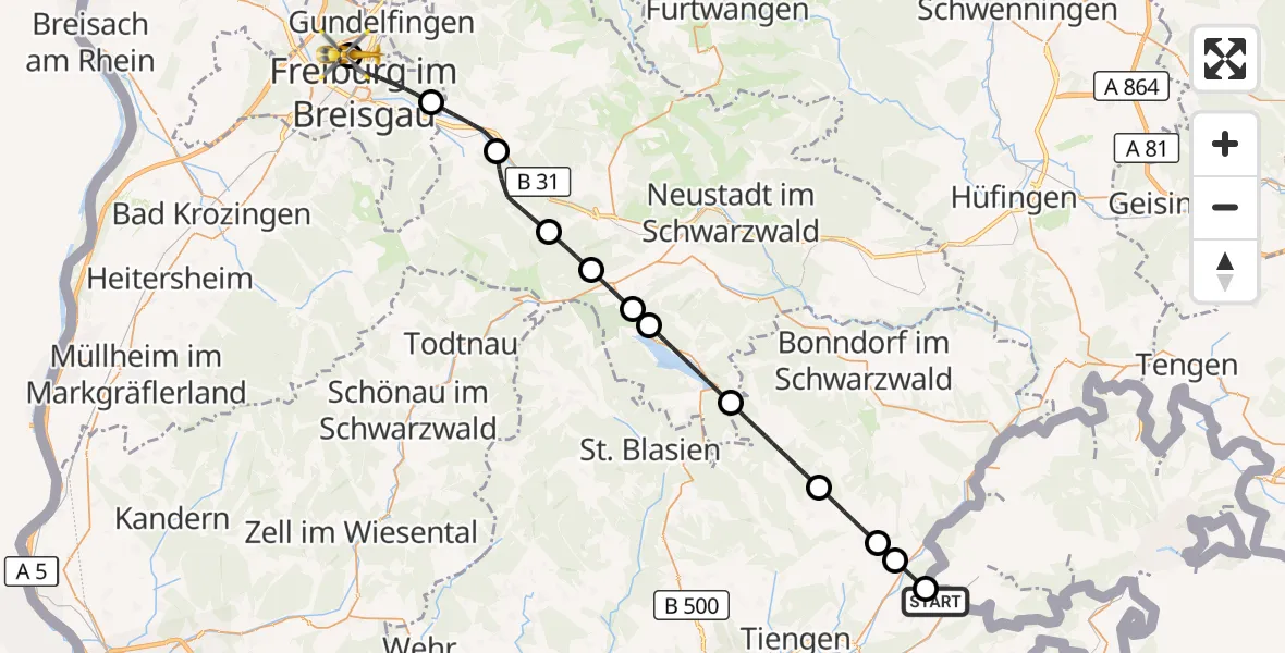 Flugroute Ambulanzhubschrauber Klettgau - Freiburg im Breisgau Flugplatz, 20 September 2026, 09:38
