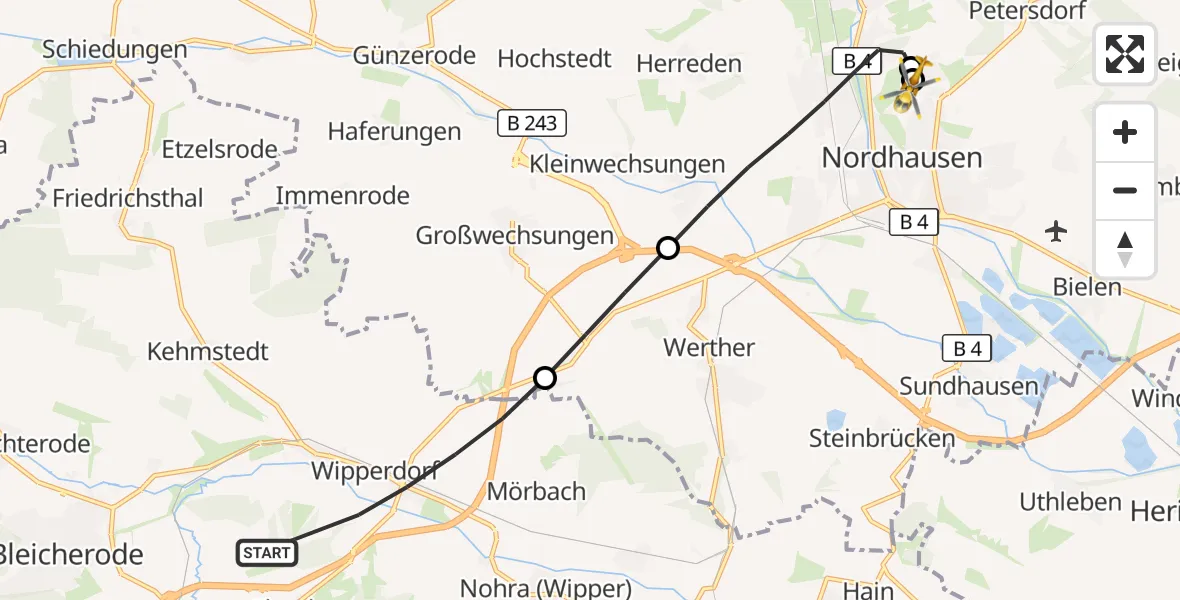 Flugroute Rettungshubschrauber Bleicherode - Südharz Hospital Nordhausen, 20 September 2026, 09:55