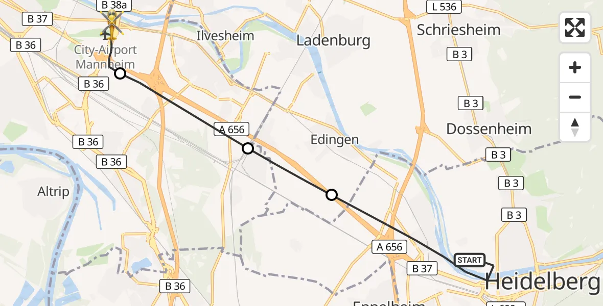 Flugroute Rettungshubschrauber Heidelberg - Mannheim-City Flughafen, 20 September 2026, 09:56