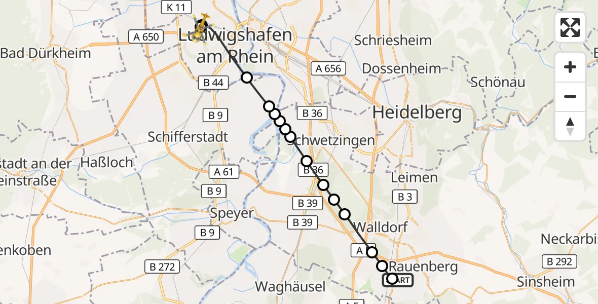 Flugroute Rettungshubschrauber Rauenberg - Ludwigshafen Accident Hospital, 20 September 2026, 10:02