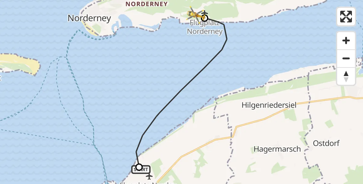 Flugroute Ambulanzhubschrauber Norden-Norddeich Flughafen - Norderney Flughafen, 20 September 2026, 10:05